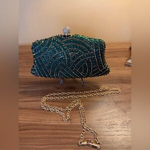 Deep Emerald Green and Gold Beaded Clutch Purse